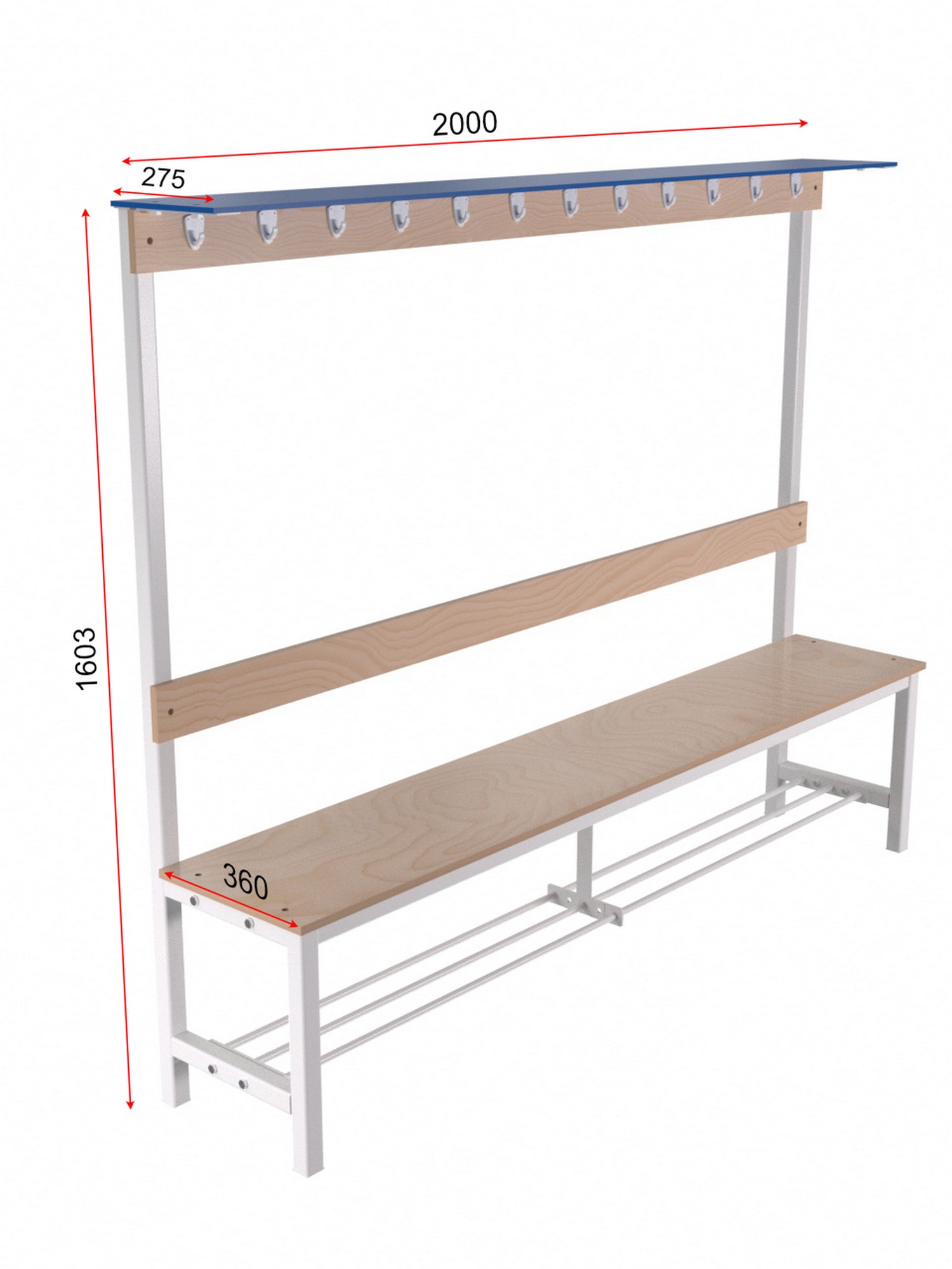 Скамейка для раздевалки c вешалкой односторонняя разборная с полкой для обуви и для головных уборов. Настил ЛДСП 1 м Glav 10.007-1000 1500_2000